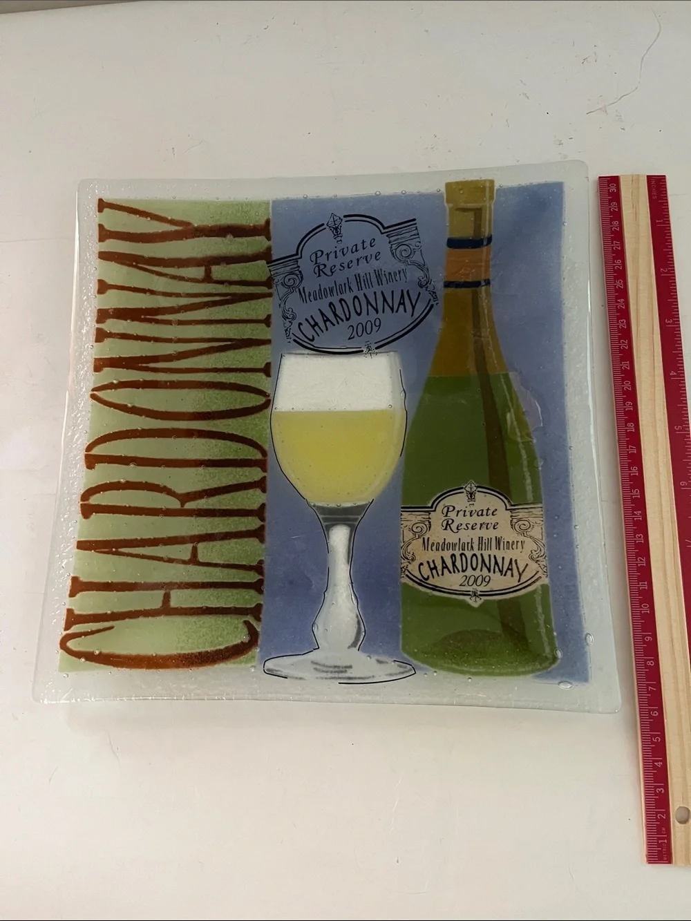 Chardonnay Decorative Glass Tray with Wine Bottle and Glass Design approx. 10x10